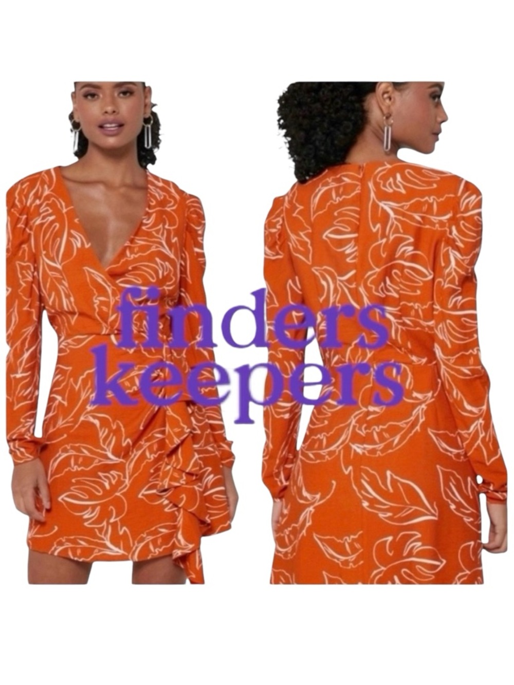 Finders Keepers Orange White Leaf Pattern Long Sleeve Ruffle Mini Dress (4)